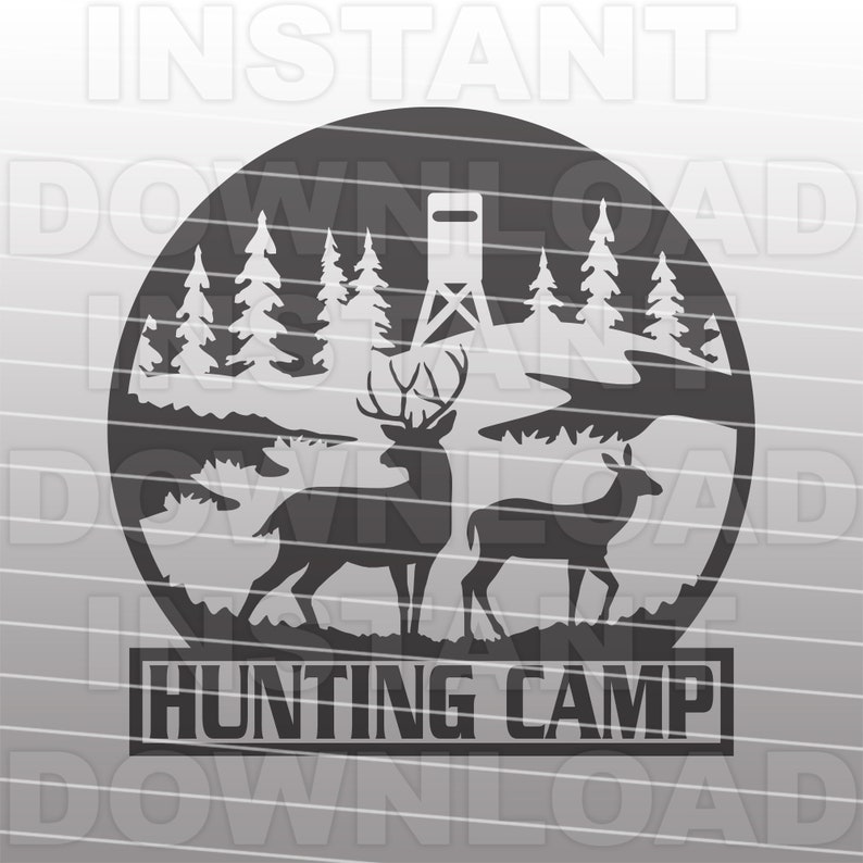 May include: A black and white graphic of a hunting scene. The design features a deer, a doe, trees, and a hunting blind, all enclosed within a circle. The words "HUNTING CAMP" are displayed in a rectangular banner.