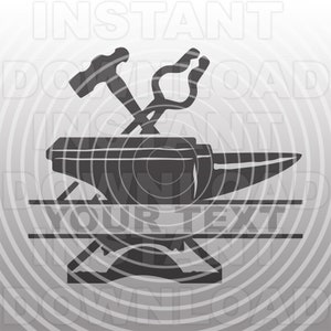 May include: Black and white silhouette of a blacksmith's anvil with a hammer and tongs crossed over it. The anvil is on a base with two lines below it for text.