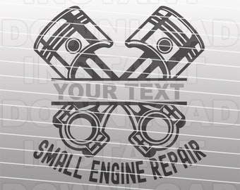 Può includere: Silhouette nera e bianca di due pistoni incrociati con il testo "YOUR TEXT" al centro e "SMALL ENGINE REPAIR" sotto.