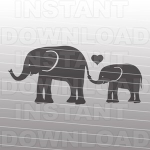 May include: A black silhouette of a large elephant holding a heart in its trunk, with a smaller elephant following behind. The elephants are on a gray striped background.