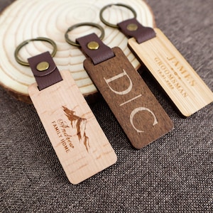 Personalized Walnut Wooden long keychain, Engraved Keychain, Leather Loop,Custom Wood Key Chain,Wood Gift,Birthday or Anniversary Gift