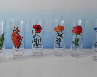 Lot de 6 jolis verres Floresco avec motifs fleurs - vintage