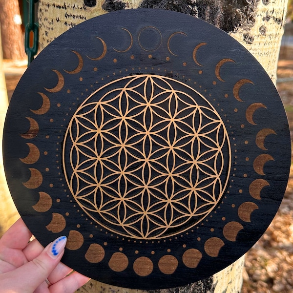 Moon Phases Grid, Healing Crystals, Flower of Life Crystal Grid, Altar Decoration, Crystal Grid