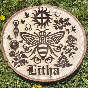 Laser Engraved Litha Bee Wood Slice, Summer Solstice Altar Decor, Midsummer Ritual Offering, Witch Gift, Pagan Altar Tile