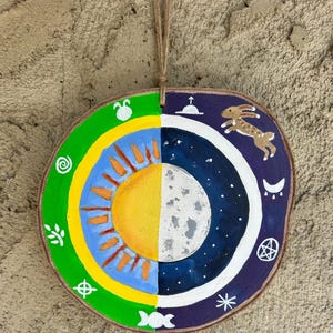 Ostara Hare, Hand Painted Sun and Moon, Original Pagan Painting, Wiccan Wall Hanging / Altar Piece, Wiccan Decor, Altar Decor, Witch Runes