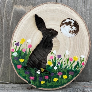 Moon Gazing Hare, Laser Engraved Hare, Ostara Hare, Hare Gazing at Moon Painting, Ostara Altar Decor, Wiccan Decor, Ostara, Altar Decor