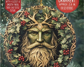 Pagan Yule Ornament with Holly Green man Figure, Yuletide Gift, Christmas Ornament, Yule Ornament, Yule Tree Ornament
