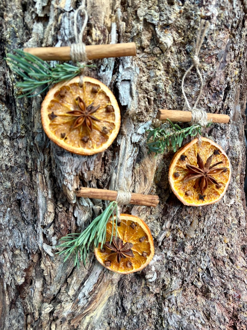 May include: Three handmade Christmas ornaments. Each ornament features a dried orange slice, star anise, and cloves, accented with a cinnamon stick and sprigs of greenery. The ornaments are suspended by twine, perfect for holiday decor.