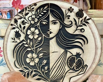 Greek Goddess Persephone, Laser Engraved Persephone, Ostara Altar Decor, Ostara Art Piece, Spring Equinox, Wiccan Decor, Witch Room Decor