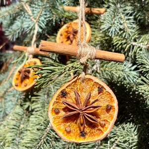 May include: Close-up of Christmas tree ornaments. Each ornament is a dried orange slice, decorated with star anise and cloves, and suspended by twine. Cinnamon sticks and evergreen sprigs are also incorporated into the design, creating a rustic, natural aesthetic.