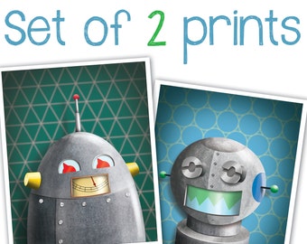 Set of 2 Robot Art Prints - Robot wall art - kid decor - art for boys room - 8 x 10 print - robot nursery art