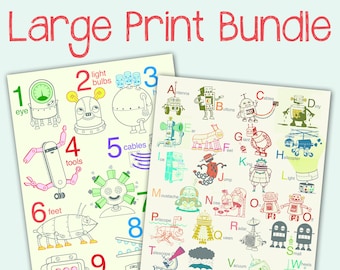 Sale  Free Shipping - Large Robot Print Bundle - robot poster, baby art, nursery decor, robot art print, alphabet art print, number wall art