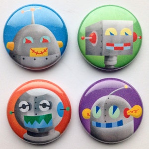 Robot Pinback Buttons, Set of Four, robot gift idea, robot pin set, robot button set, robot accessory