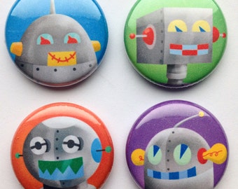 Robot Pinback Buttons, Set of Four, robot gift idea, robot pin set, robot button set, robot accessory