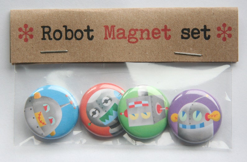 Robot party favors Robot Magnets, Set of Four, robot gift idea, robot kitchen magnets, robot magnet set, gift for kids image 2