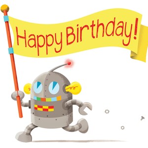 Happy Birthday Card -  card for kid, birthday party invitation, robot greeting card, cute birthday card for kids, handmade greeting card