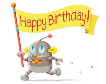 Happy Birthday Card -  card for kid, birthday party invitation, robot greeting card, cute birthday card for kids, handmade greeting card