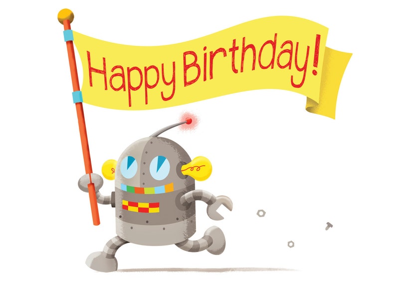 Happy Birthday Card card for kid, birthday party invitation, robot greeting card, cute birthday card for kids, handmade greeting card image 1