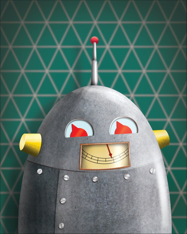 May include: A gray metal robot with a red antenna, red eyes, and a yellow ear. The robot has a gauge on its face with a needle pointing to the right.