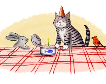 Happy Birthday Card - birthday party card, birthday party invitation, cute cat card, cat birthday card, animal birthday party, best friend