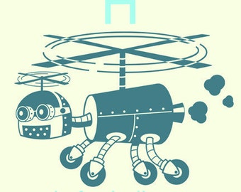 May include: A blue cartoon helicopter with a large propeller and four legs. The helicopter has a round head with two large eyes and a small mouth. The text 'H is for helicopter' is written below the helicopter.