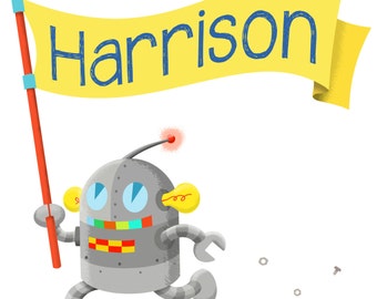 Personalized Name print - Nursery Wall decoration - Art Print Robot - Art for Kids Room - Robot wall art - Robot Nursery - personalized art