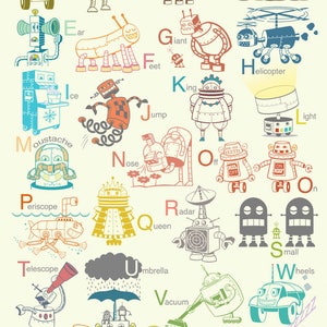 Impresión artística del alfabeto de robot grande: póster de robot, arte para bebés, decoración de guardería de robots, impresión artística de robot, póster del alfabeto, arte del alfabeto, arte de guardería para niños