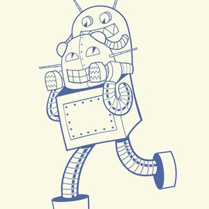 May include: A blue line drawing of two robots, one riding on the other's back. The robot in front has a square body and is running. The robot on its back has a round body and is smiling.