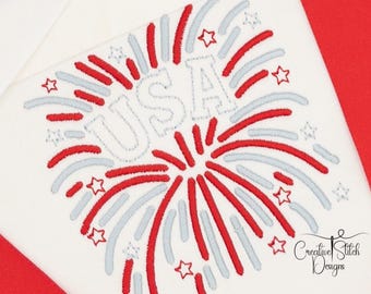 USA Fireworks Embroidery Design  Fourth of July Patriotic  Machine Embroidery Design by Creative Stitch Des Red White and Blue Embroidery