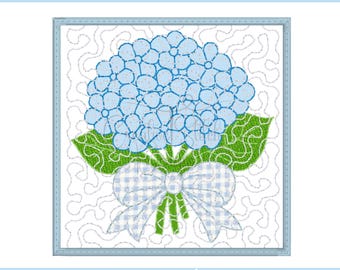 ITH, dans le cerceau, fleurs d'hortensia et appliques noeud sous-verre matelassé, motif de broderie machine, broderie vintage, téléchargement numérique