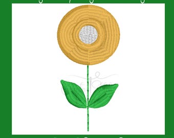 May include: A single yellow daisy with a white centre and green leaves. The flower is on a white background. The word "Mini" is written below the flower.