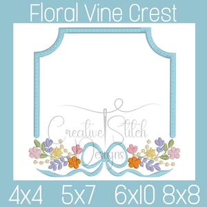 Floral Vine with Bow Crest Embroidery Design File, Creative Stitch Designs, Floral Monogram Frame Design,Vintage Embroidery,Flowers and Bows