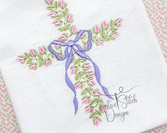 Croix florale bouton de rose avec motif de broderie machine noeud héritage, téléchargement numérique, Pâques ou Noël