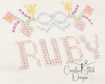 Cross Stitch Floral Vine with Bow Embroidery Design, Creative Stitch Designs, Floral Monogram Frame , Vintage Embroidery, Flowers and Bows