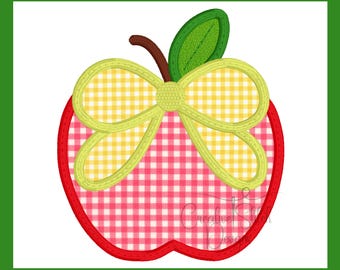 Motif de broderie machine satin pomme et noeud appliqué, point satin, fichier de la rentrée, conception de la première journée d'école, téléchargement numérique