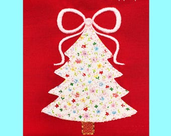 Christmas Tree with Bow Applique Machine Embroidery Design, Vintage Christmas Embroidery Design, Creative Stitch Designs