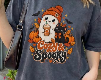Cozy & Spooky Halloween Shirt, Cute Ghost Black Cat Fall Tee, Pumpkin Spice Halloween Sweatshirt, Cozy Fall Hoodie, Spooky Season