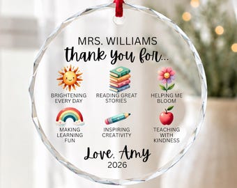 Teacher Christmas Gift, Personalized Teacher Ornament, Custom Crystal Glass Thank You Teacher Keepsake, Student Gift for Teacher
