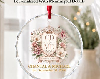 Custom Wedding Crest Ornament, Personalized Couple Crest Crystal Glass Ornament, Wedding Venue Floral Monogram, Newlywed Keepsake Gift