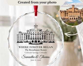 Custom Wedding Venue Ornament, Line Art Venue from Photo, Personalized Crystal Glass Ornament, Wedding Keepsake Gift for Couple