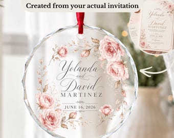 Custom Wedding Invitation Ornament, Personalized Crystal Glass Wedding Keepsake, Invitation from Photo, First Christmas Married Gift