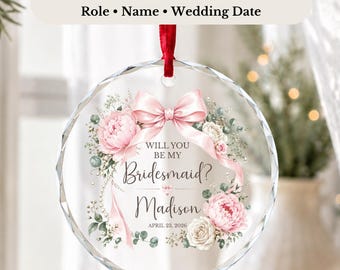 Bridesmaid Proposal Ornament, Personalized Maid of Honor Gift, Pink Bow Crystal Ornament, Custom Bridal Party Wedding Keepsake