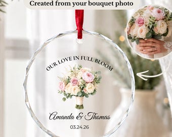 Custom Wedding Bouquet Ornament, Bridal Bouquet from Photo, Personalized Crystal Glass Wedding Keepsake, Bride Gift, Anniversary Gift