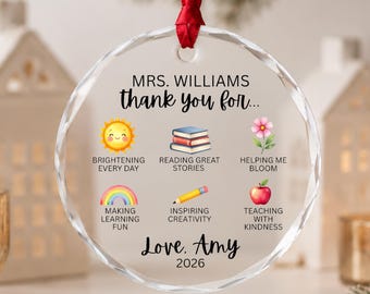 Personalized Teacher Ornament, Teacher Appreciation Gift, Custom Crystal Glass Thank You Teacher Gift, Student to Teacher Christmas Keepsake