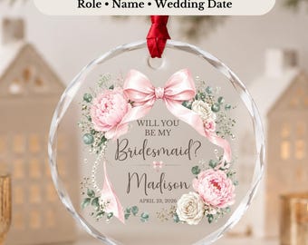 Personalized Bridesmaid Gift Ornament, Custom Bridal Party Crystal Ornament, Maid of Honor Keepsake, Pink Bow Wedding Party Gift