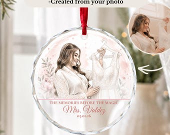 Custom Watercolor Bride Ornament, Bridal Portrait from Photo, Personalized Crystal Glass Wedding Keepsake, Gift for Bride, Wedding Gift