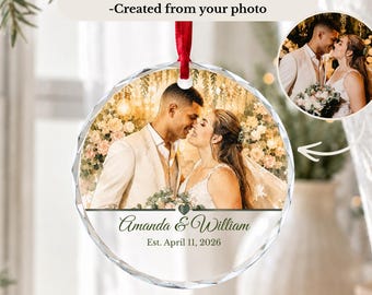 Custom Watercolor Wedding Portrait Ornament, Personalized Crystal Glass Ornament from Photo, Couple Keepsake, First Christmas Married Gift