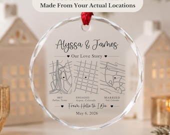 Custom Street Map Ornament, Our Love Story Wedding Ornament, Personalized Crystal Glass Keepsake, Where We Met Engaged Married Gift