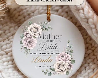 Personalized Mother of the Bride Ornament, Floral Wedding Keepsake, Thank You Mom Gift, Custom Ceramic Bridal Party Gift with Name and Date