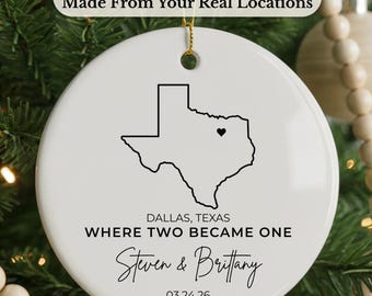 Custom State Map Ornament, Personalized Wedding Location Ceramic Keepsake, Where Two Became One, First Christmas Married Ornament for Couple